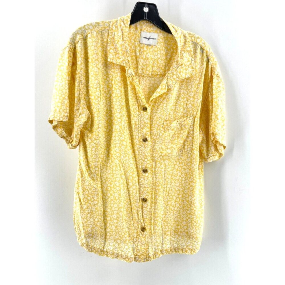 American Eagle Women's Yellow Floral Short Sleeve Button Shirt Top Size S